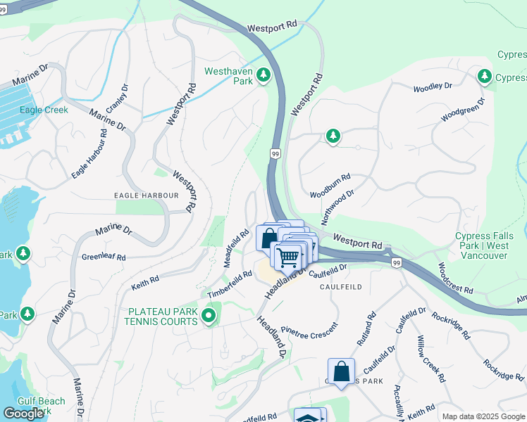 map of restaurants, bars, coffee shops, grocery stores, and more near 5446 Meadfeild Lane in West Vancouver