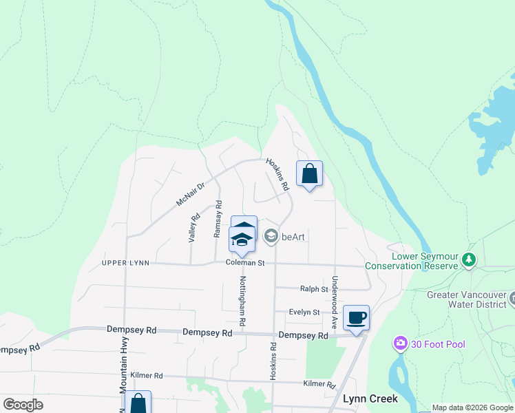 map of restaurants, bars, coffee shops, grocery stores, and more near 4687 Hoskins Road in North Vancouver