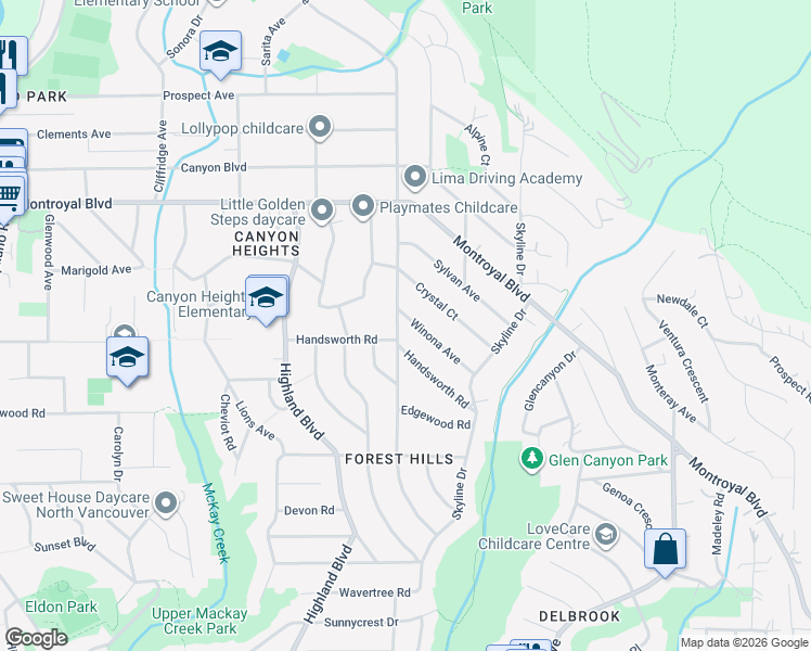 map of restaurants, bars, coffee shops, grocery stores, and more near 4522 Ranger Avenue in North Vancouver