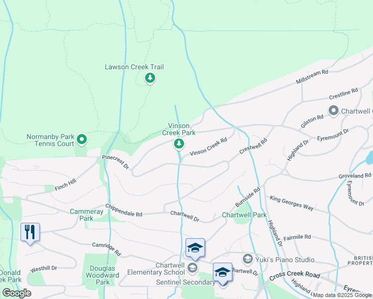 map of restaurants, bars, coffee shops, grocery stores, and more near 1525 Vinson Creek Road in West Vancouver