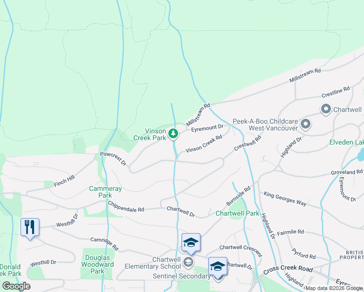 map of restaurants, bars, coffee shops, grocery stores, and more near 1525 Vinson Creek Road in West Vancouver