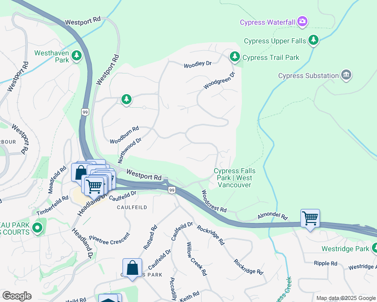map of restaurants, bars, coffee shops, grocery stores, and more near 4579 Woodgreen Court in West Vancouver
