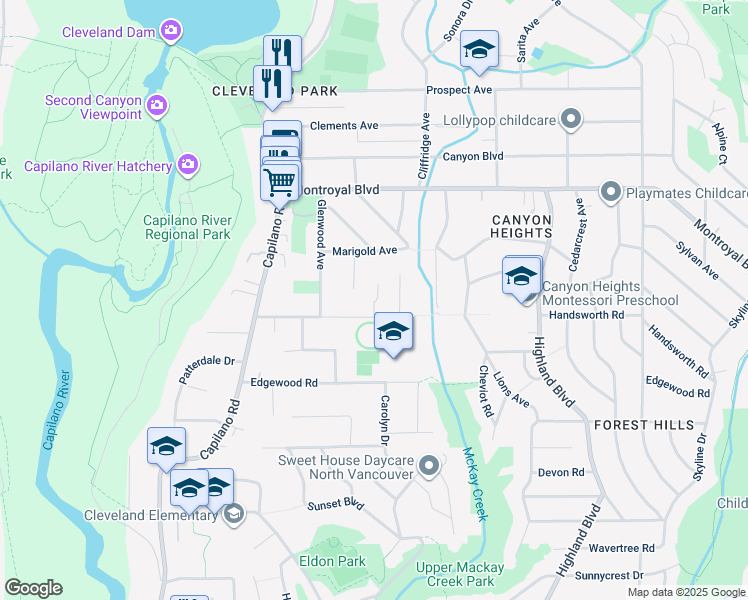 map of restaurants, bars, coffee shops, grocery stores, and more near 1048 Handsworth Road in North Vancouver