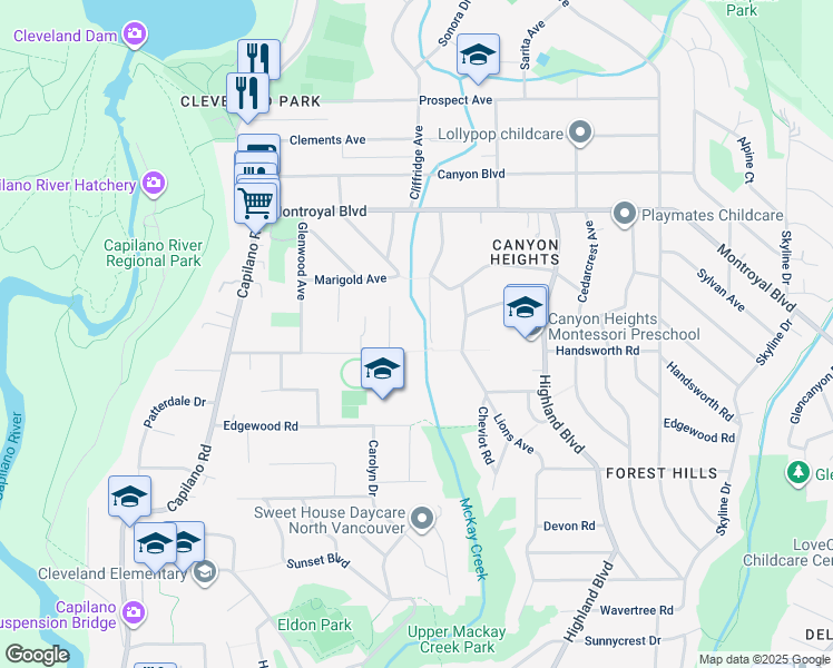 map of restaurants, bars, coffee shops, grocery stores, and more near 4545 Mapleridge Drive in North Vancouver