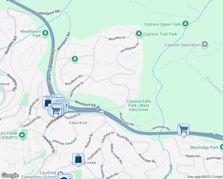 map of restaurants, bars, coffee shops, grocery stores, and more near 4579 Woodgreen Court in West Vancouver
