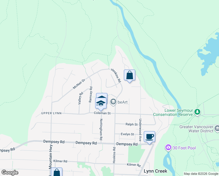 map of restaurants, bars, coffee shops, grocery stores, and more near 4687 Hoskins Road in North Vancouver