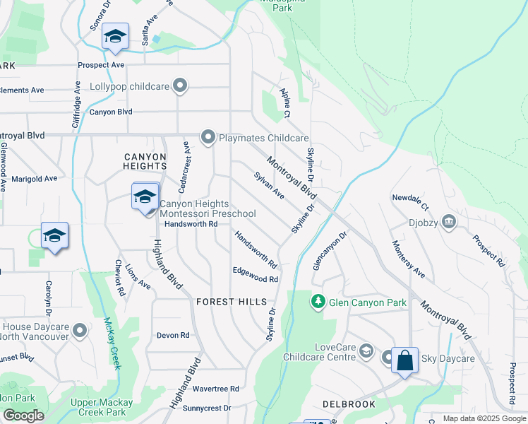 map of restaurants, bars, coffee shops, grocery stores, and more near 727 Crystal Court in North Vancouver