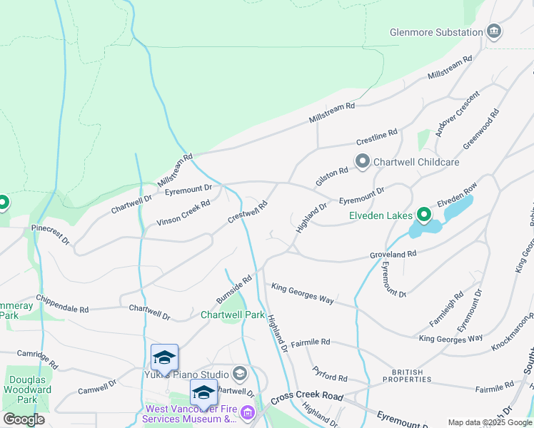 map of restaurants, bars, coffee shops, grocery stores, and more near 1340 Crestwell Road in West Vancouver