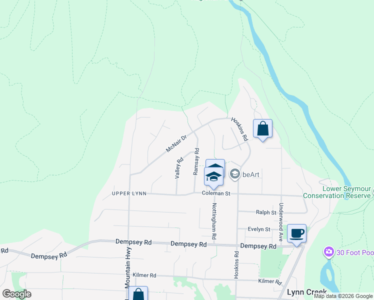 map of restaurants, bars, coffee shops, grocery stores, and more near 4651 Valley Road in North Vancouver