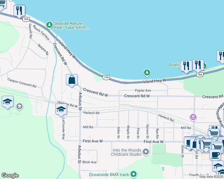 map of restaurants, bars, coffee shops, grocery stores, and more near 431 Crescent Road West in Qualicum Beach
