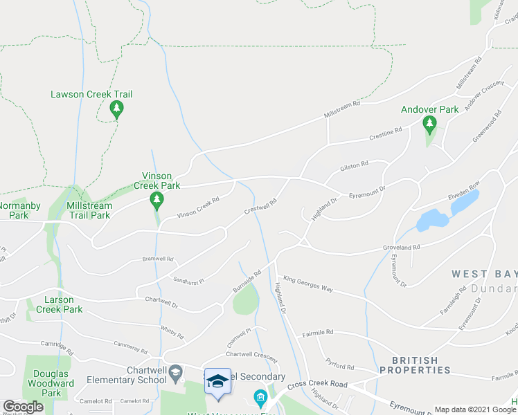 map of restaurants, bars, coffee shops, grocery stores, and more near Crestwell Road in West Vancouver