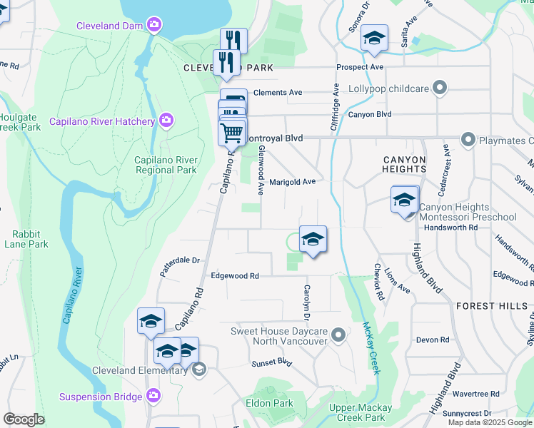 map of restaurants, bars, coffee shops, grocery stores, and more near 4514 Glenwood Avenue in North Vancouver