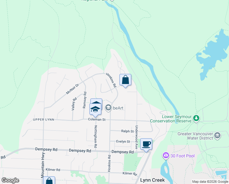 map of restaurants, bars, coffee shops, grocery stores, and more near 4651 Hoskins Road in North Vancouver
