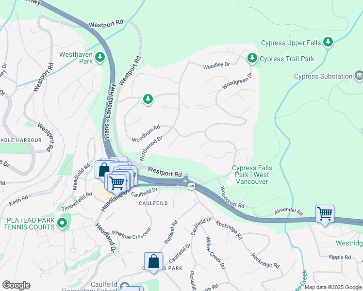 map of restaurants, bars, coffee shops, grocery stores, and more near 4621 Woodburn Place in West Vancouver