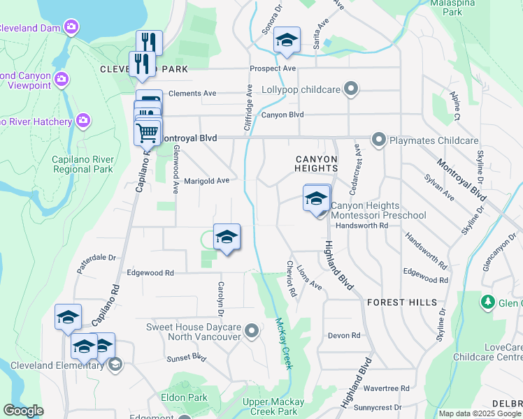 map of restaurants, bars, coffee shops, grocery stores, and more near 4550 Mapleridge Drive in North Vancouver