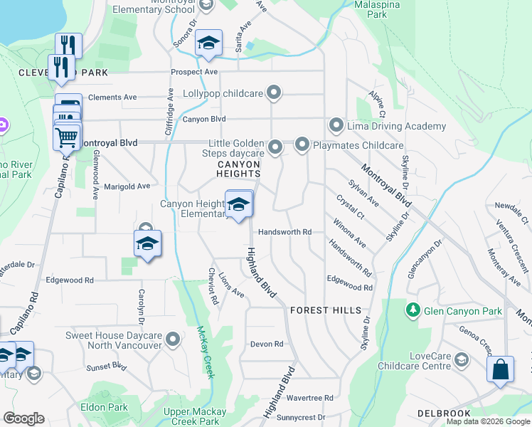 map of restaurants, bars, coffee shops, grocery stores, and more near 4507 Cedarcrest Avenue in North Vancouver
