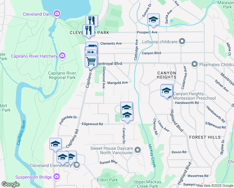 map of restaurants, bars, coffee shops, grocery stores, and more near 1065 Marigold Place in North Vancouver