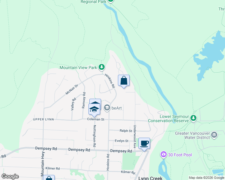 map of restaurants, bars, coffee shops, grocery stores, and more near 4699 Hoskins Road in North Vancouver