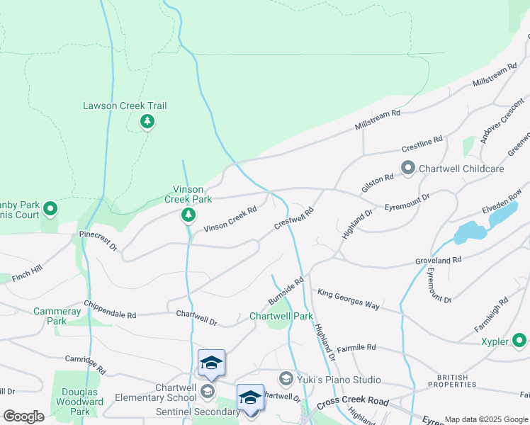 map of restaurants, bars, coffee shops, grocery stores, and more near 1580 Vinson Creek Road in West Vancouver