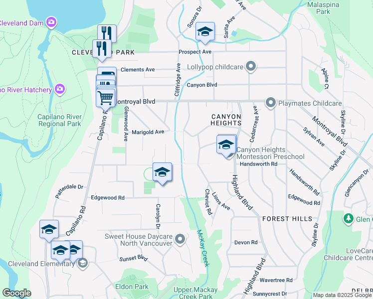 map of restaurants, bars, coffee shops, grocery stores, and more near 4560 Mapleridge Drive in North Vancouver