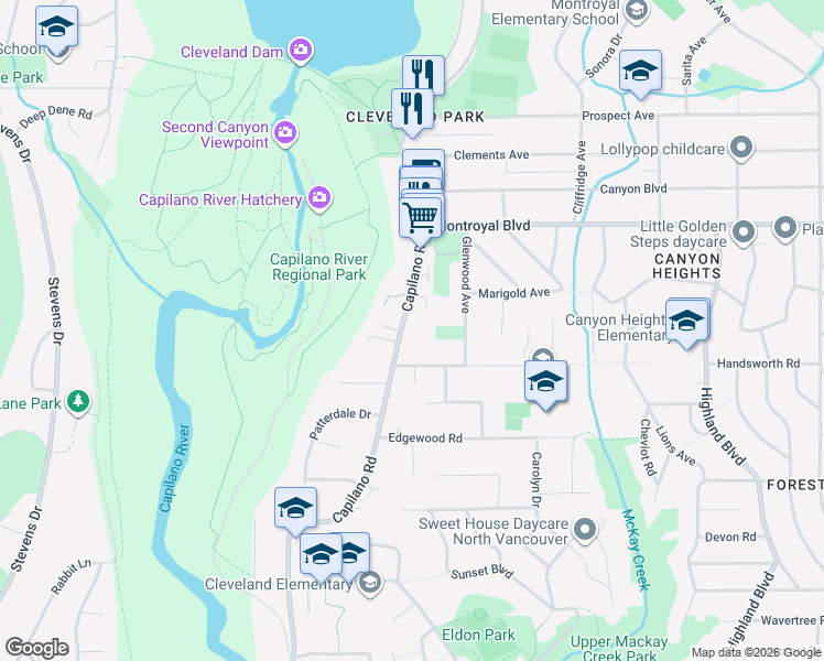 map of restaurants, bars, coffee shops, grocery stores, and more near 4578 Capilano Road in North Vancouver
