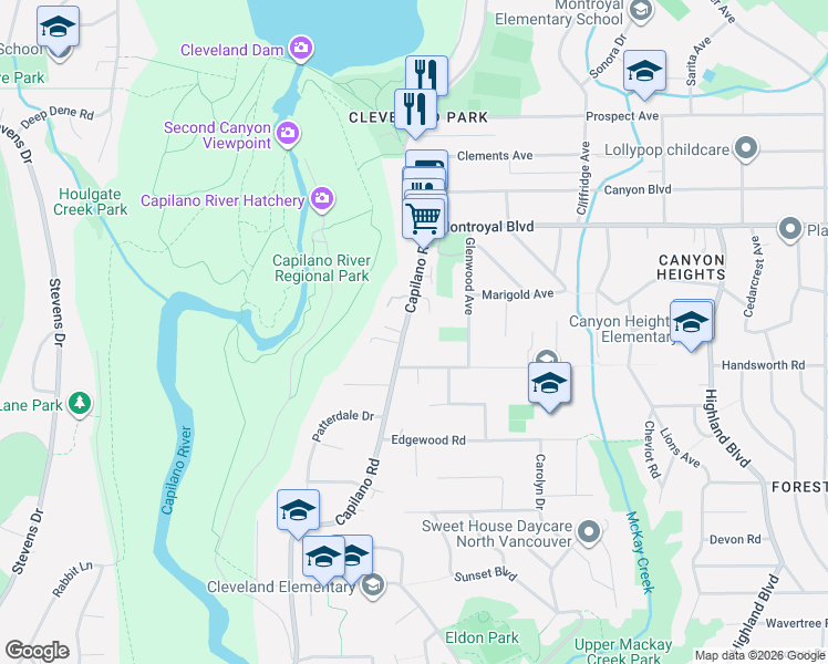 map of restaurants, bars, coffee shops, grocery stores, and more near 4578 Capilano Road in North Vancouver