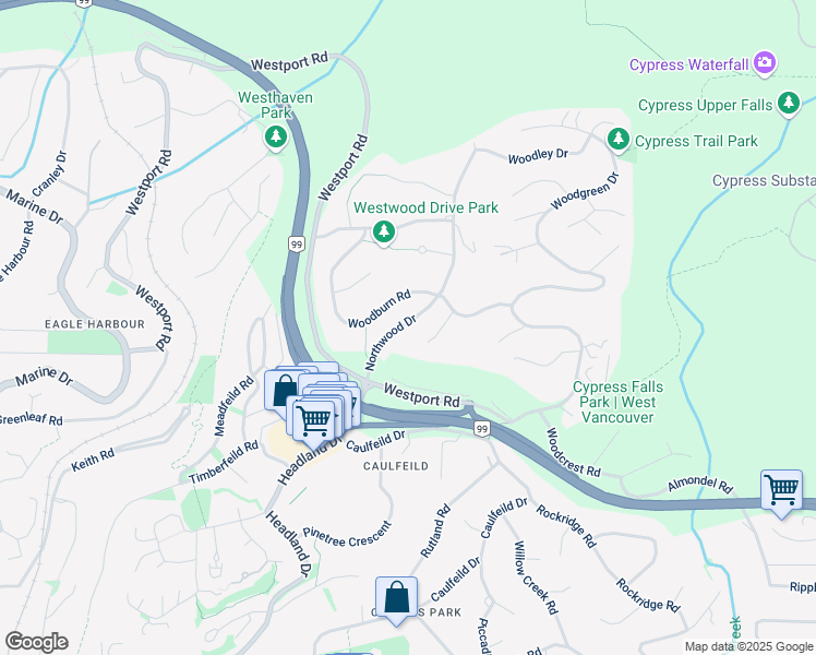 map of restaurants, bars, coffee shops, grocery stores, and more near 4650 Northwood Drive in West Vancouver