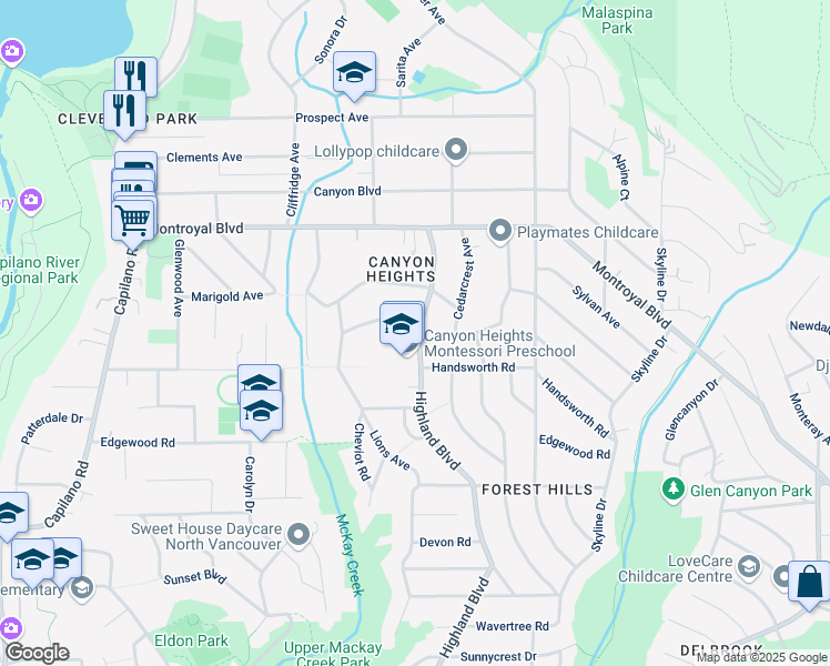 map of restaurants, bars, coffee shops, grocery stores, and more near 931 Belvista Crescent in North Vancouver