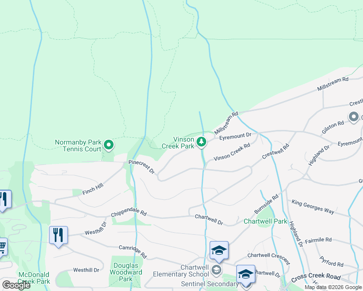 map of restaurants, bars, coffee shops, grocery stores, and more near Chartwell Drive in West Vancouver