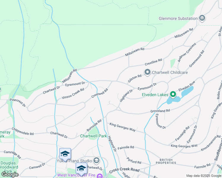 map of restaurants, bars, coffee shops, grocery stores, and more near 1318 Crestwell Road in West Vancouver