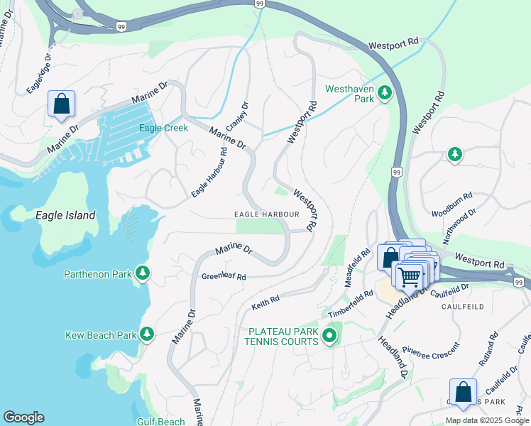 map of restaurants, bars, coffee shops, grocery stores, and more near Keith Road in West Vancouver