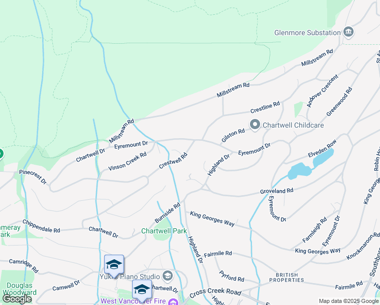 map of restaurants, bars, coffee shops, grocery stores, and more near 1318 Crestwell Road in West Vancouver