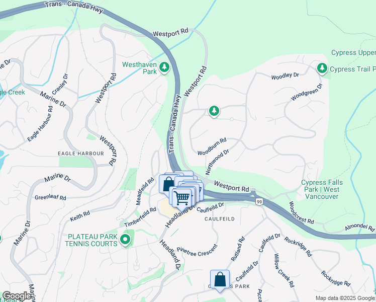 map of restaurants, bars, coffee shops, grocery stores, and more near 4673 Woodburn Road in West Vancouver
