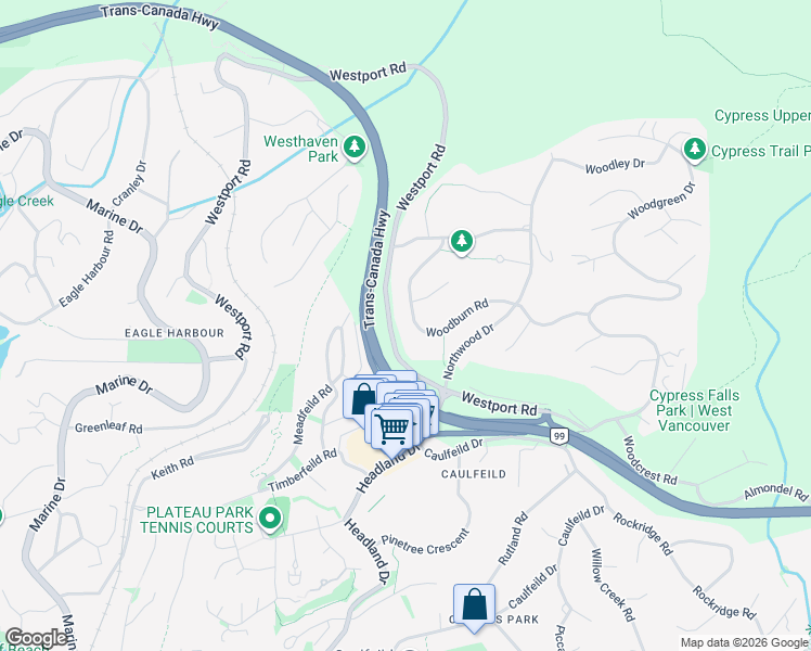 map of restaurants, bars, coffee shops, grocery stores, and more near 4673 Woodburn Road in West Vancouver