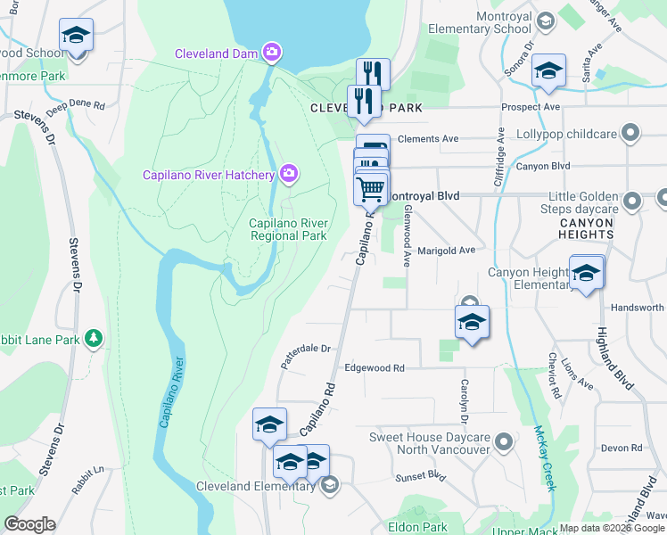 map of restaurants, bars, coffee shops, grocery stores, and more near in North Vancouver
