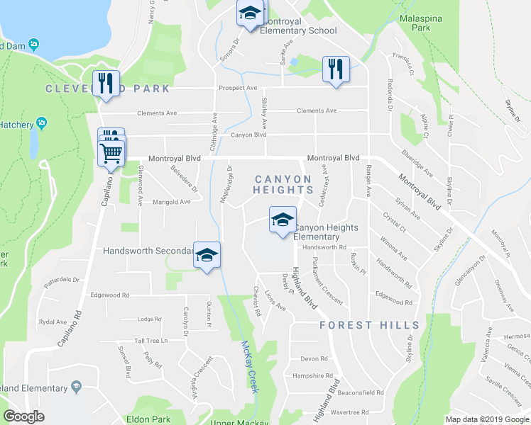 map of restaurants, bars, coffee shops, grocery stores, and more near 968 Belvista Crescent in North Vancouver