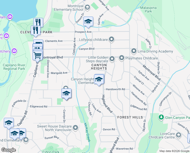 map of restaurants, bars, coffee shops, grocery stores, and more near 956 Belvista Crescent in North Vancouver