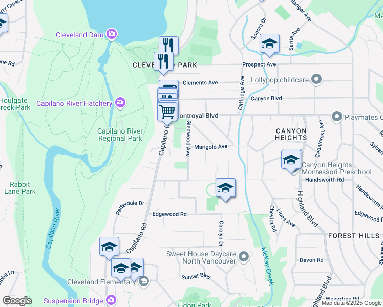 map of restaurants, bars, coffee shops, grocery stores, and more near 4594 Glenwood Avenue in North Vancouver