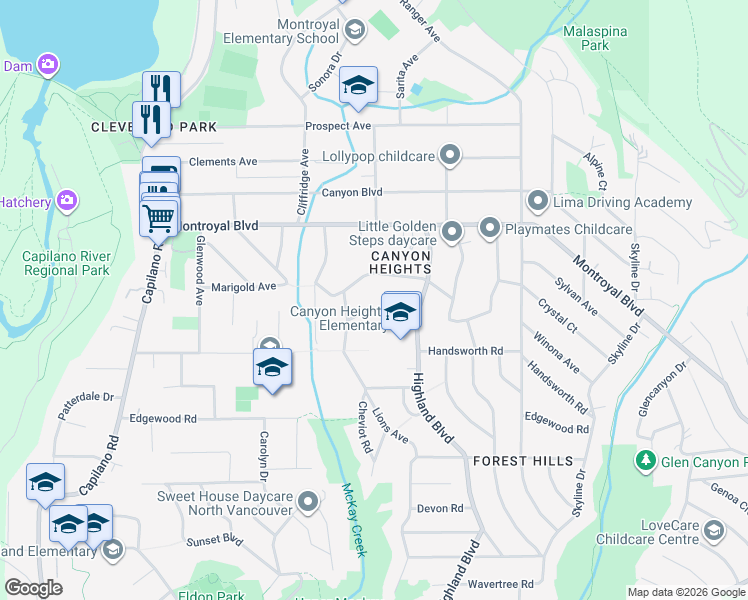 map of restaurants, bars, coffee shops, grocery stores, and more near 968 Belvista Crescent in North Vancouver