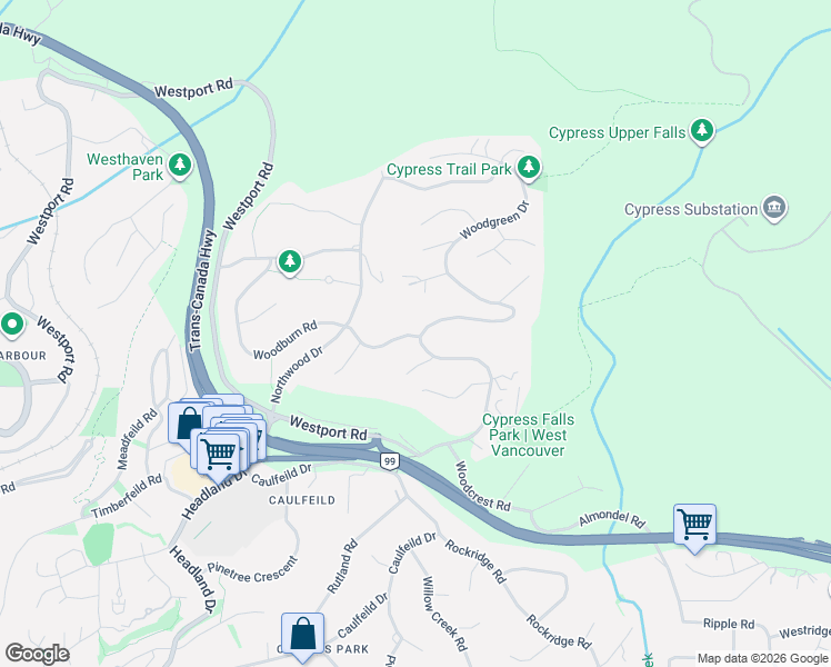 map of restaurants, bars, coffee shops, grocery stores, and more near 4607 Woodgreen Drive in West Vancouver