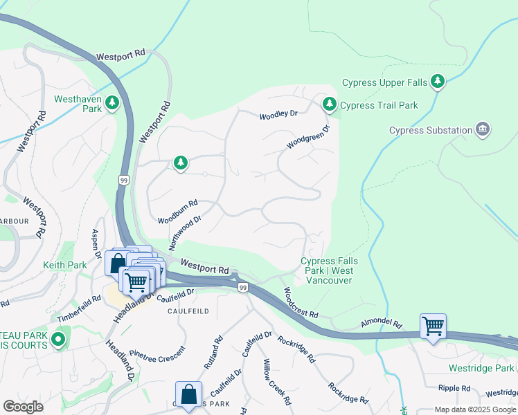 map of restaurants, bars, coffee shops, grocery stores, and more near 4607 Woodgreen Drive in West Vancouver