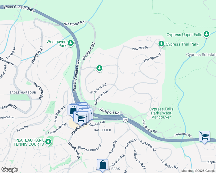 map of restaurants, bars, coffee shops, grocery stores, and more near 4639 Woodburn Road in West Vancouver