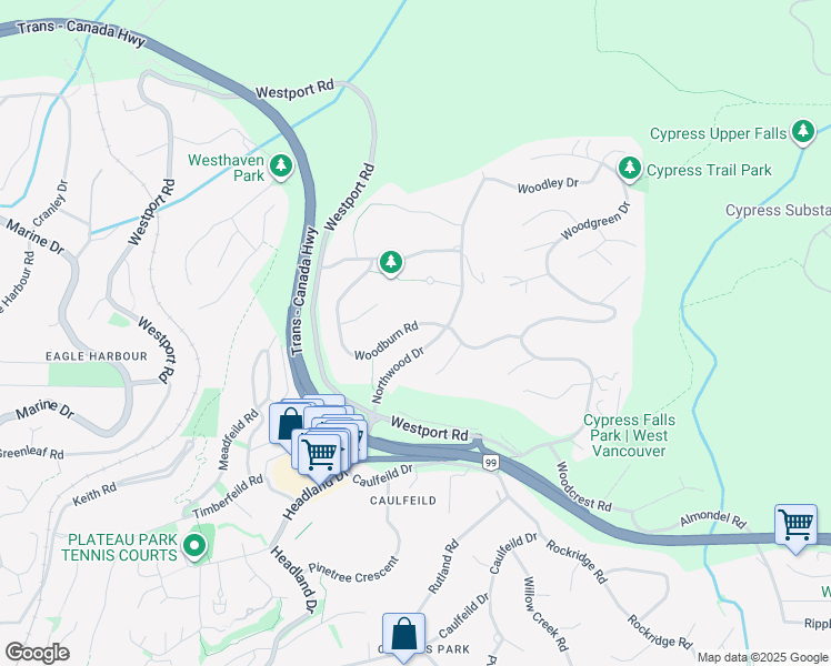 map of restaurants, bars, coffee shops, grocery stores, and more near 4641 Woodburn Road in West Vancouver
