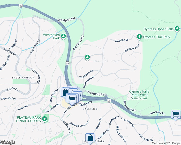 map of restaurants, bars, coffee shops, grocery stores, and more near 4641 Woodburn Road in West Vancouver
