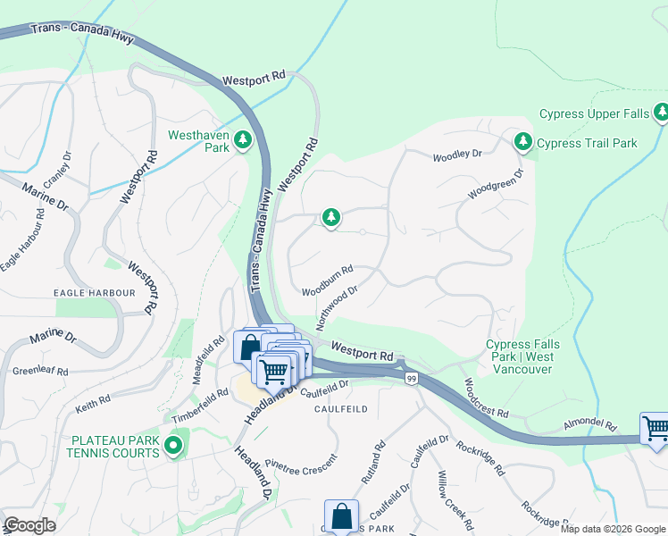 map of restaurants, bars, coffee shops, grocery stores, and more near 4640 Woodburn Road in West Vancouver