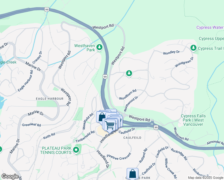map of restaurants, bars, coffee shops, grocery stores, and more near 4729 Woodburn Road in West Vancouver