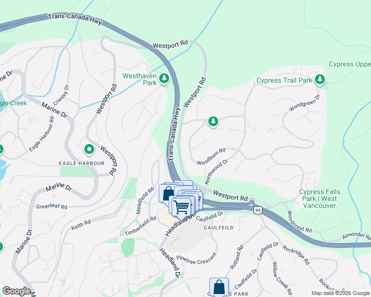 map of restaurants, bars, coffee shops, grocery stores, and more near 4729 Woodburn Road in West Vancouver