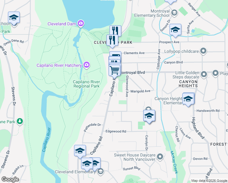 map of restaurants, bars, coffee shops, grocery stores, and more near 4628 Teviot Place in North Vancouver