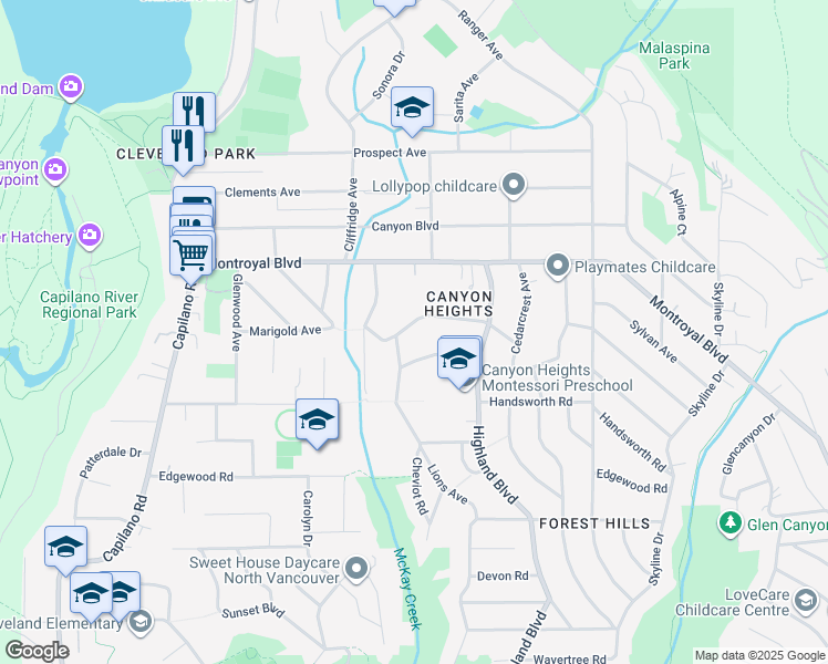 map of restaurants, bars, coffee shops, grocery stores, and more near 977 Belvedere Drive in North Vancouver