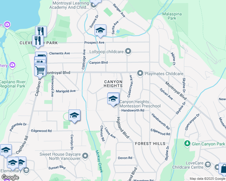 map of restaurants, bars, coffee shops, grocery stores, and more near 945 Belvedere Drive in North Vancouver